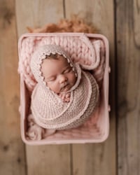 Barely Pink Flannel Picot Brim Bonnet + Wrap + Fluff