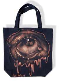 Image 1 of “NR EYE” BLEACH PAINTED BLACK TOTE BAG 13”x14”x7”