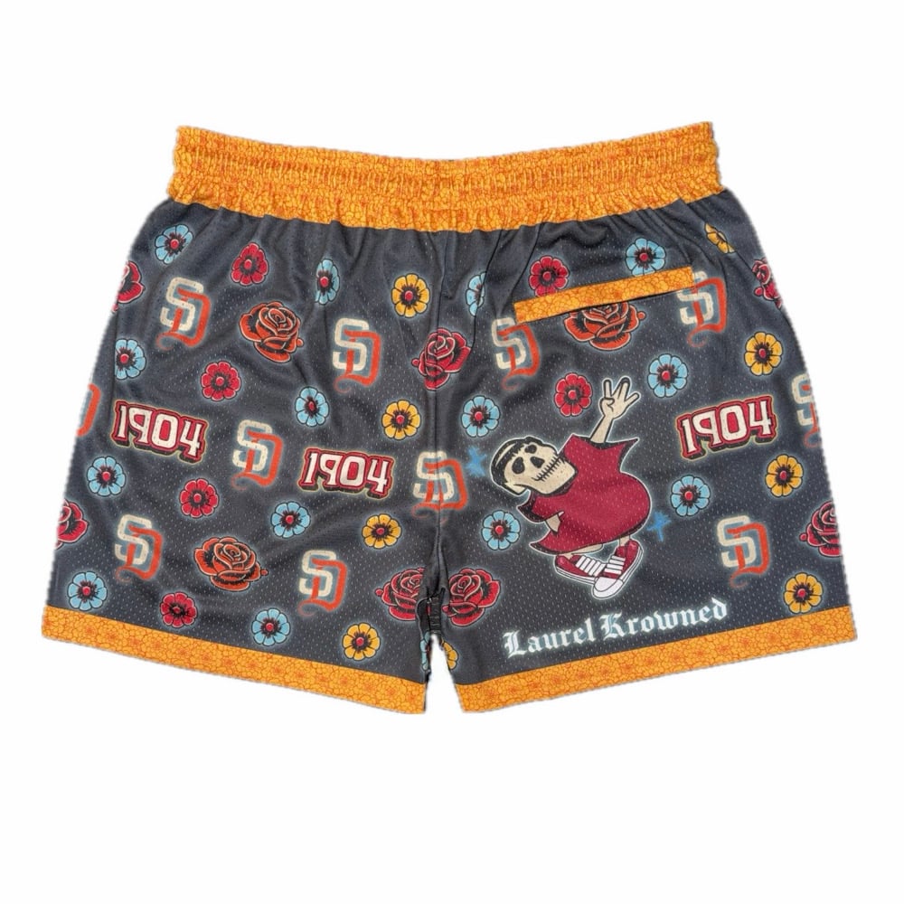 Image of "SD CITY CONNECT ROSES" Mesh Shorts (Obsidian/Marigold)