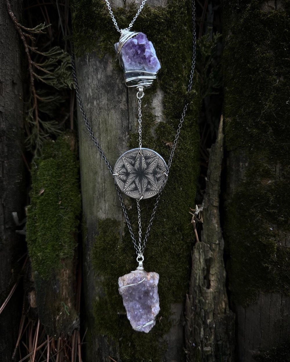 Image of Amethyst necklace and matching earrings set.