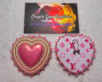 Image 1 of Hand Painted/Polished Pink Heart Beaded Earrings