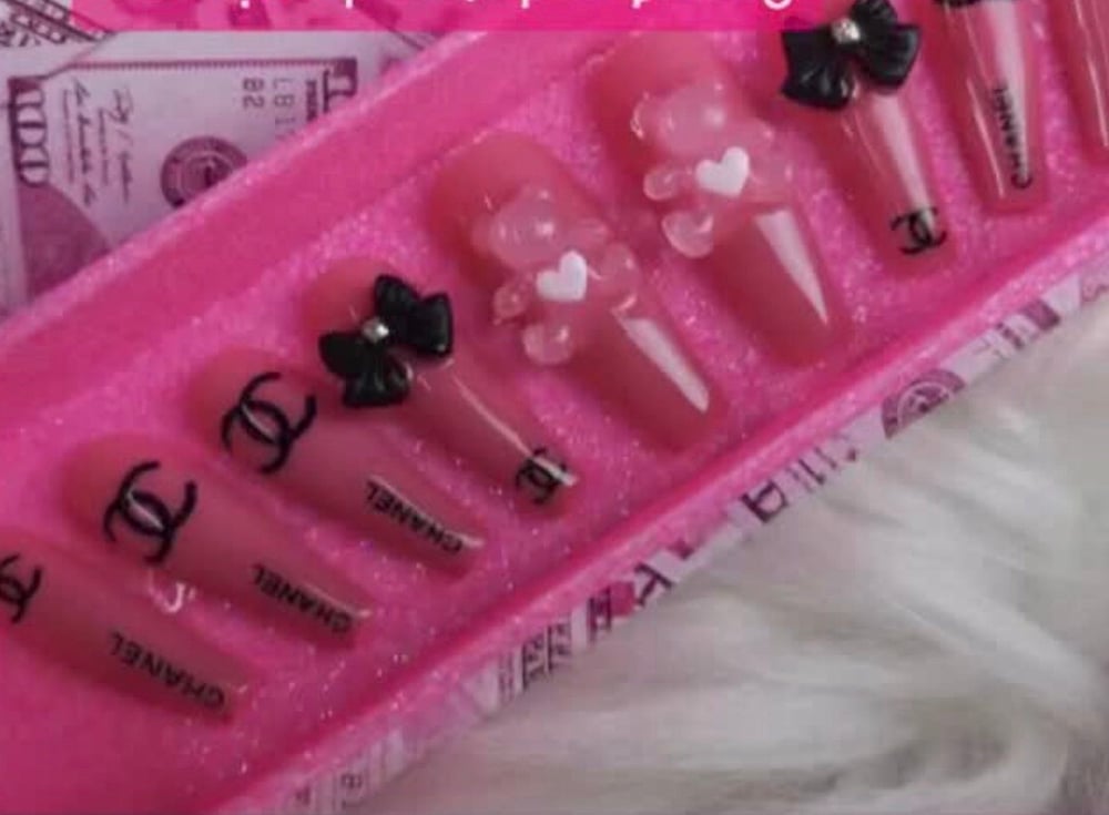 Image of hot pink chanel inspired teddy bear set coffin shaped 