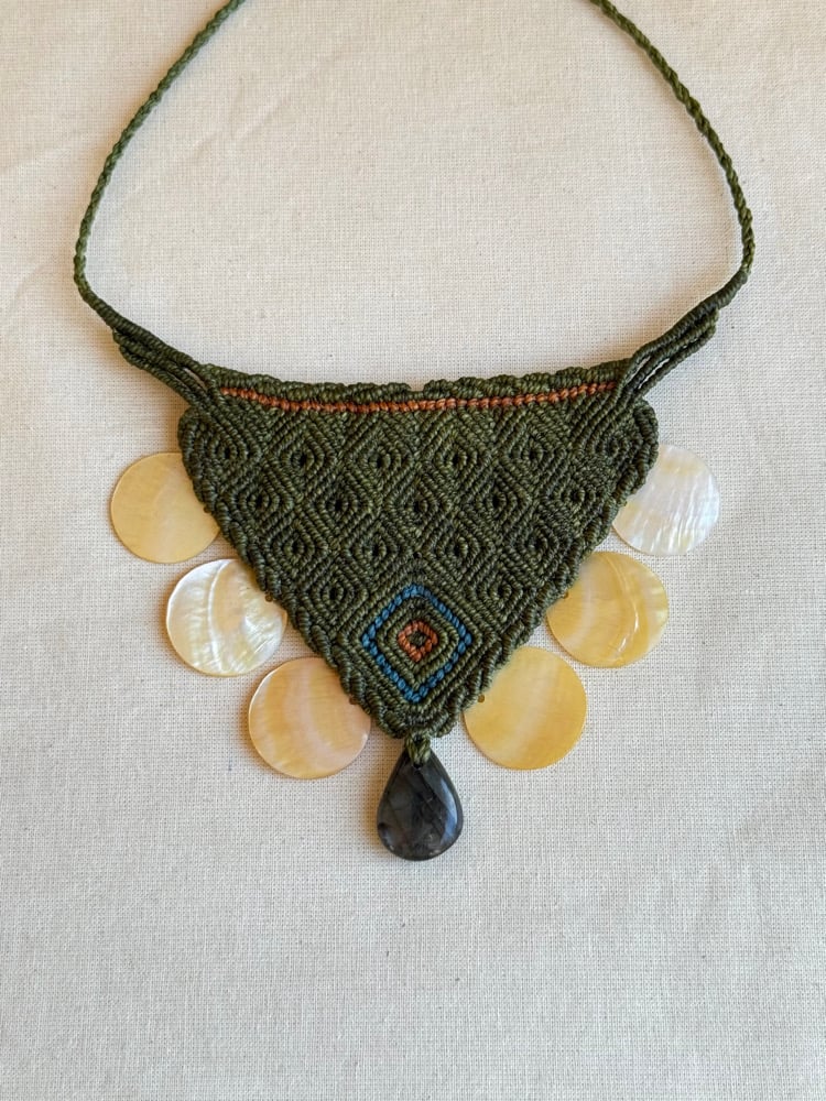 Image of Macrame necklace with labradorite and shell