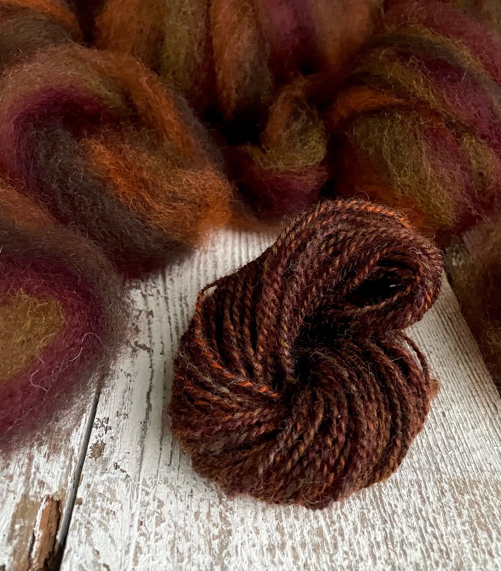 4 oz. • Pumpkin Spice roving: on Romney & Romney Hogget from Iron Water Ranch