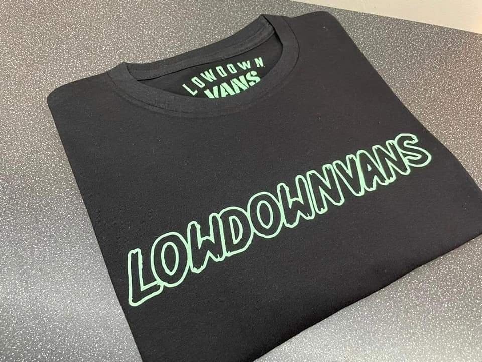 Image of lowdown vans t-shirt with outline writing on the front with ldv logo on the back 