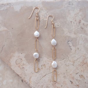 Image of Elements-Coin pearl and gold chain link earrings