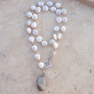 Image of Organic-Coin pearls and Drusy gray Agate pendant