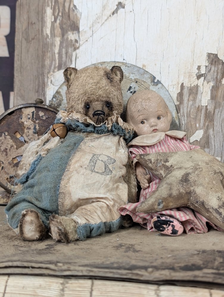 Image of  9" -Vintage Old Primitive Teddy Bear in romper  by Whendi's Bears