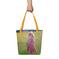 "In a garden of her own flowers" tote bag