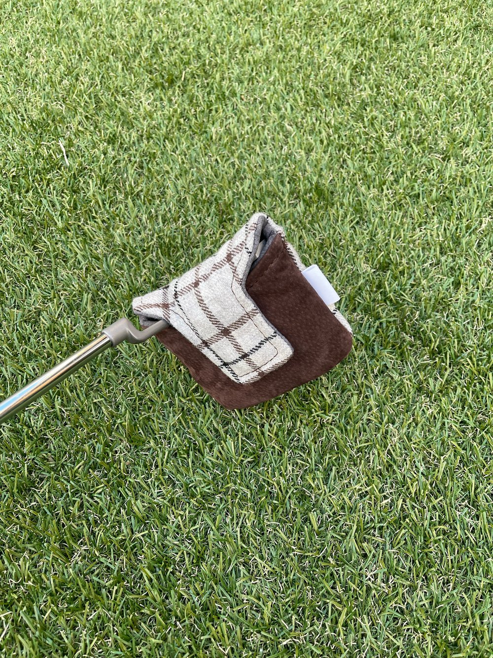Grey Wool Check And Brown Pig Suede Mallet Putter Cover