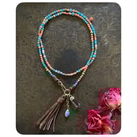 Image 2 of Vintage Turquoise Handcarved Coral and Solid Brass Convertable Bracelet/Necklace 