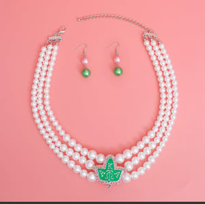 Image of Pearl Necklace Green Tea Rose Aka Set For Women