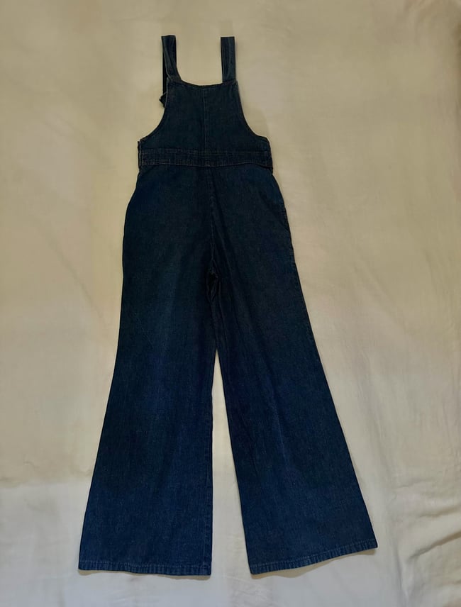 1970s overalls bellbottom jean denim fitted basketweave 