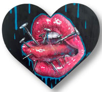 Image 1 of ‘NAILED’ ORIGINAL PAINTING ON HEART SHAPED PANEL 9”x8 3/4”