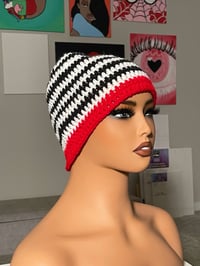 Image 1 of Black/White Fitted Crochet Beanie (Red Color Pop)