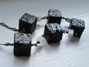 Image of Black and White Cube Necklace : Lava and Mother of Pearl : Monochrome Jewelry