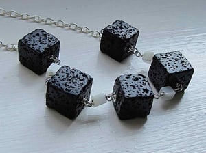 Image of Black and White Long Necklace : Lava and Mother of Pearl : Monochrome Jewelry