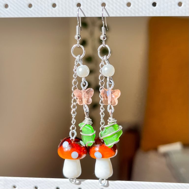 Green Sea Glass Mushroom Charm Earrings