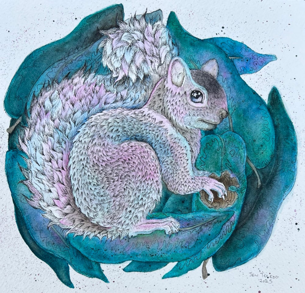 Image of White Squirrel & Magnolia Leaves