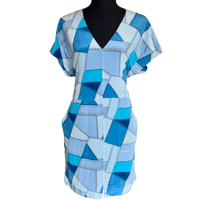 Image 1 of Armani Exchange Mulberry Silk Blue Geometric V Neck Dress - Size Small