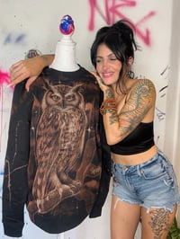 Image 3 of “HOOT” CUSTOM BLEACH PAINTED PULLOVER SWEATER LARGE