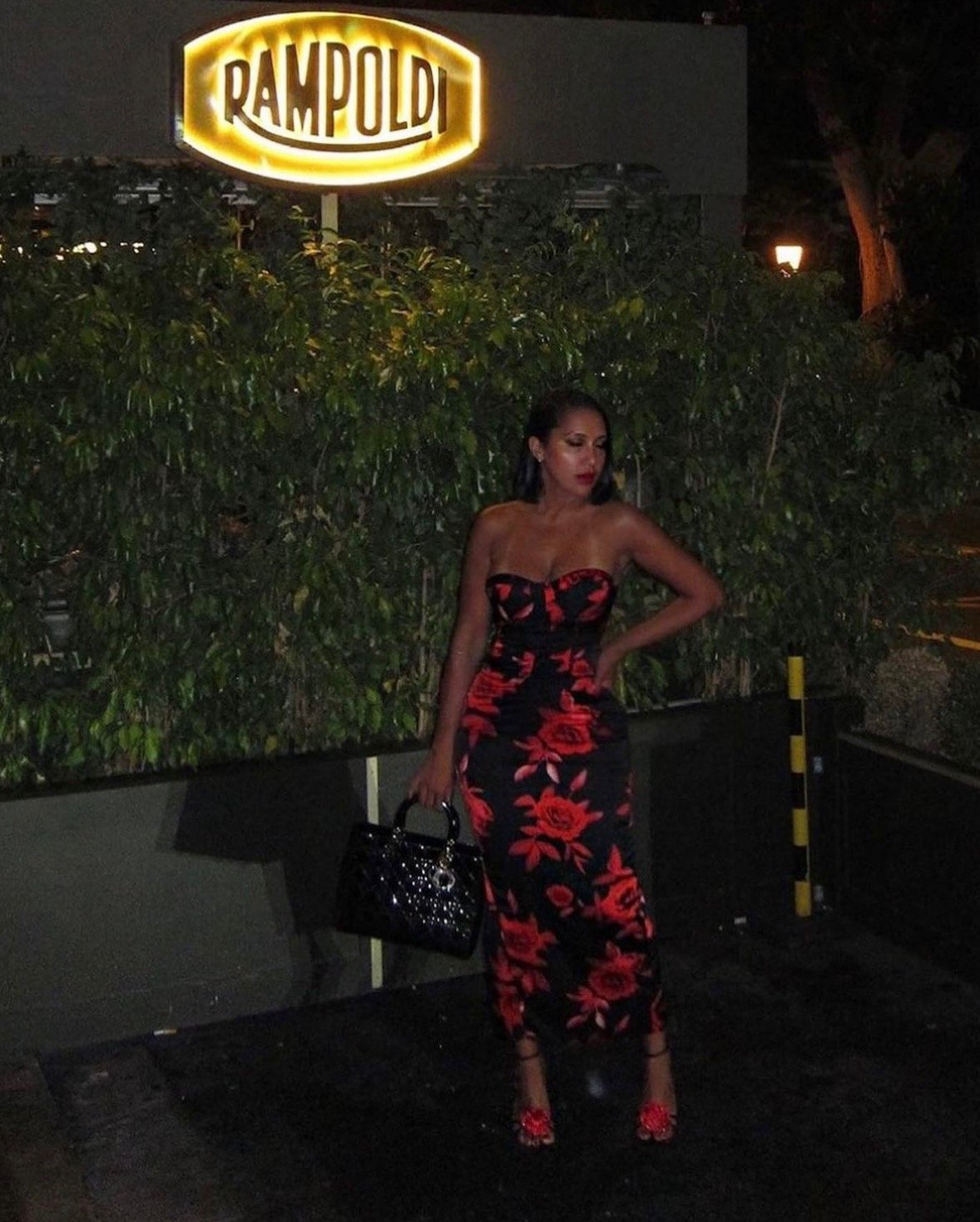Image of ROSE PRINT SATIN MAXI DRESS & HEELS (M) (SIZE 10)