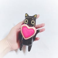 Image 2 of Black cat Glow in dark heart ring box hand size ceramic figurine