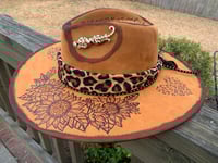 Image 3 of "Leopard Heart Prints and Sunflower" Hand-burned Wide Brim Hat