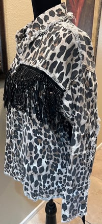 Image 3 of Vintage Black Leopard Denim Jacket Fringe Janis Joplin