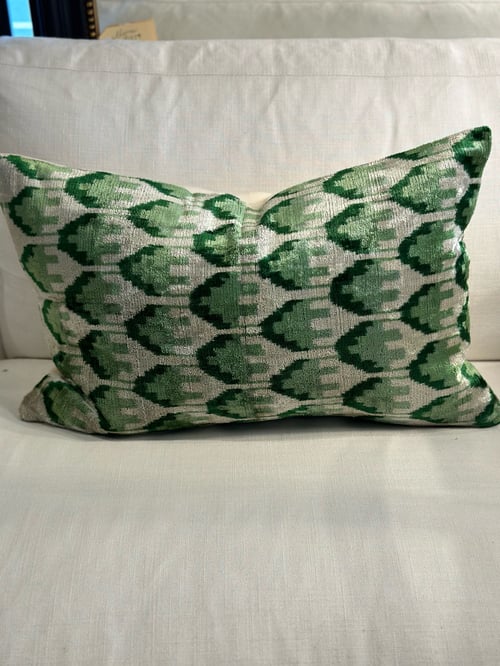 Image of Ikat Velvet Cushion with Green Detailing 