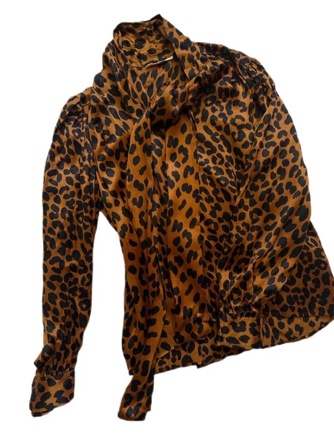 70s Yves Saint Laurent silk leopard tie neck blouse