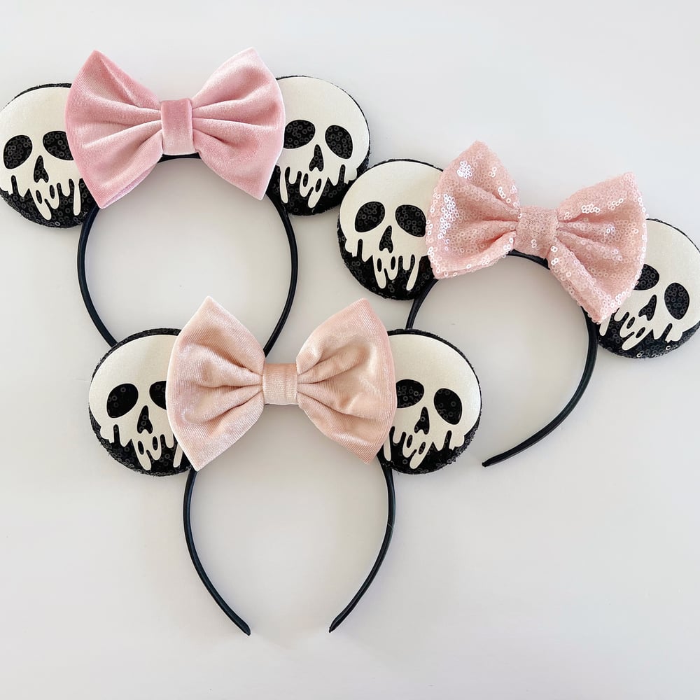 Image of Skull Mouse Ears with Pink and Peach Bows 