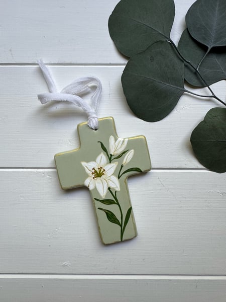 Image of Ceramic Cross Ornament - White Lily
