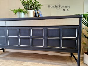 Image of Large Mid Century Nathan Sideboard in Navy Blue with Silver drawers and silver ledged squares