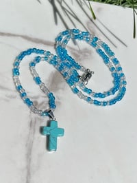 Blue & White Seed Marble Cross Necklace 
