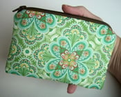 Image of Green Zipper Pouch ECO Friendly Little Coin Purse Gadget Case Padded Flora Paisley Leaf