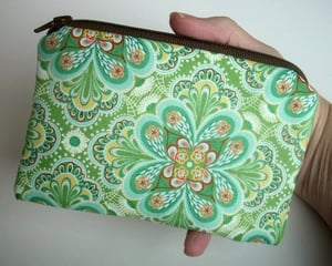 Image of Green Zipper Pouch ECO Friendly Little Coin Purse Gadget Case Padded Flora Paisley Leaf