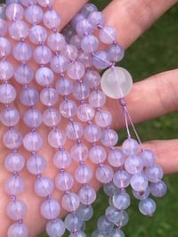 Image 5 of Lavender Moon Quartz with White Moonstone Guru Bead, Lavender Moon Quartz 108 Bead Japa Mala 