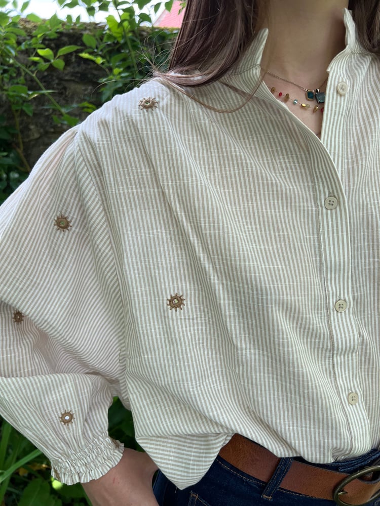 Image of Blouse Bohème rayé Beige & Blanc / Brodé T.U.