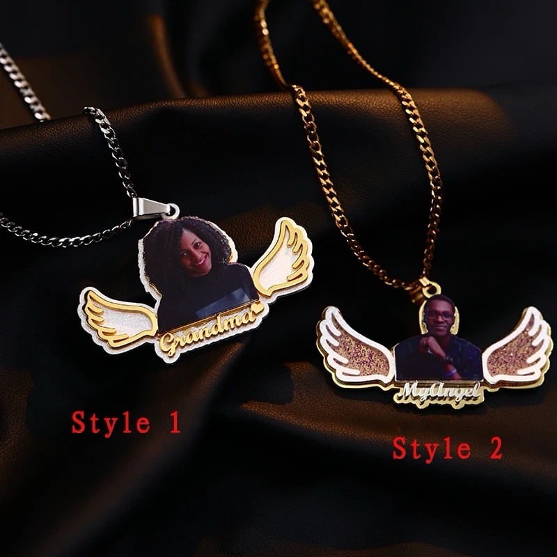 Image of Memorial Angle Wing Custom Photo Necklace 