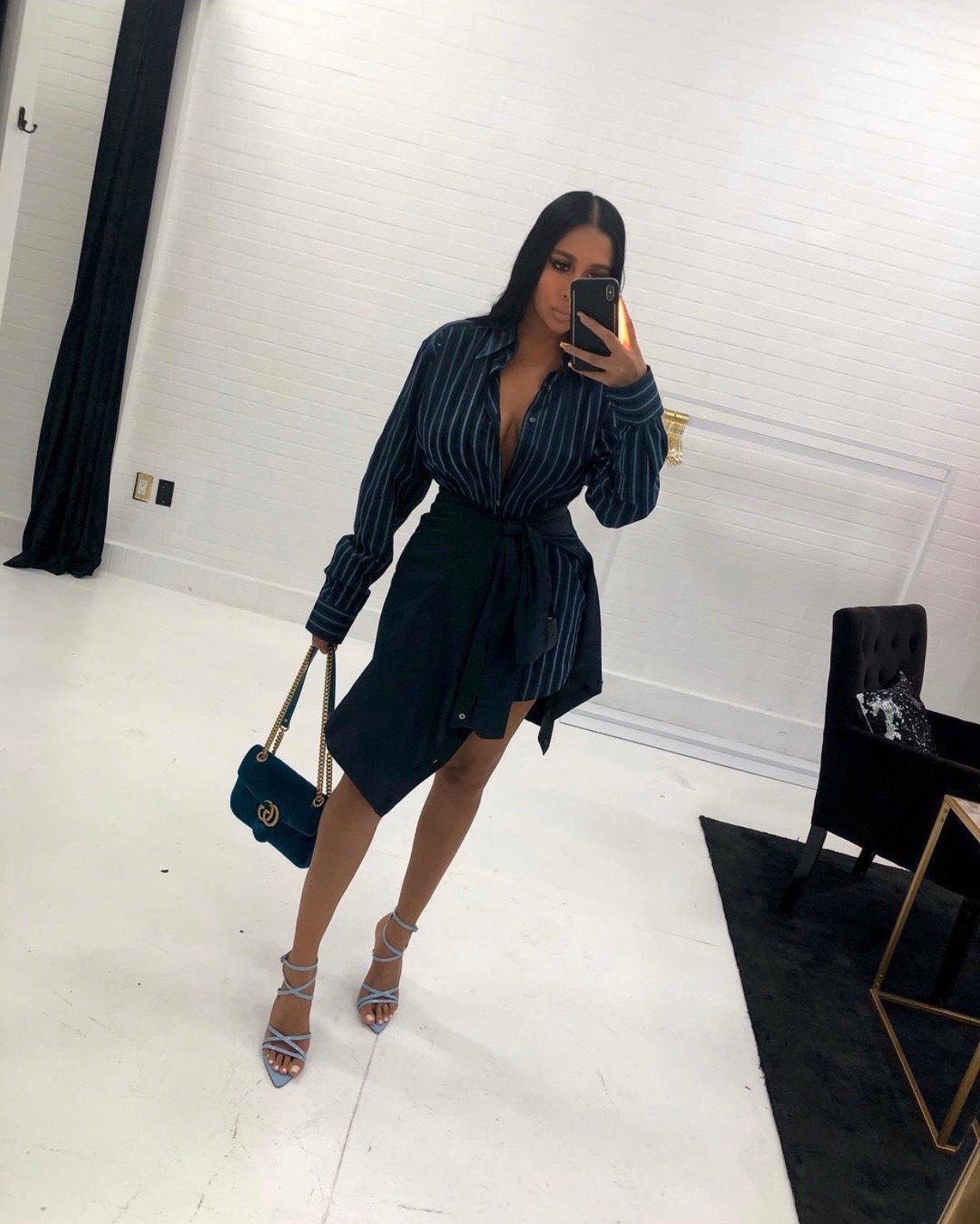 Image of GUCCI MARMONT CHEVRON VELVET FLAP BAG (TEAL)