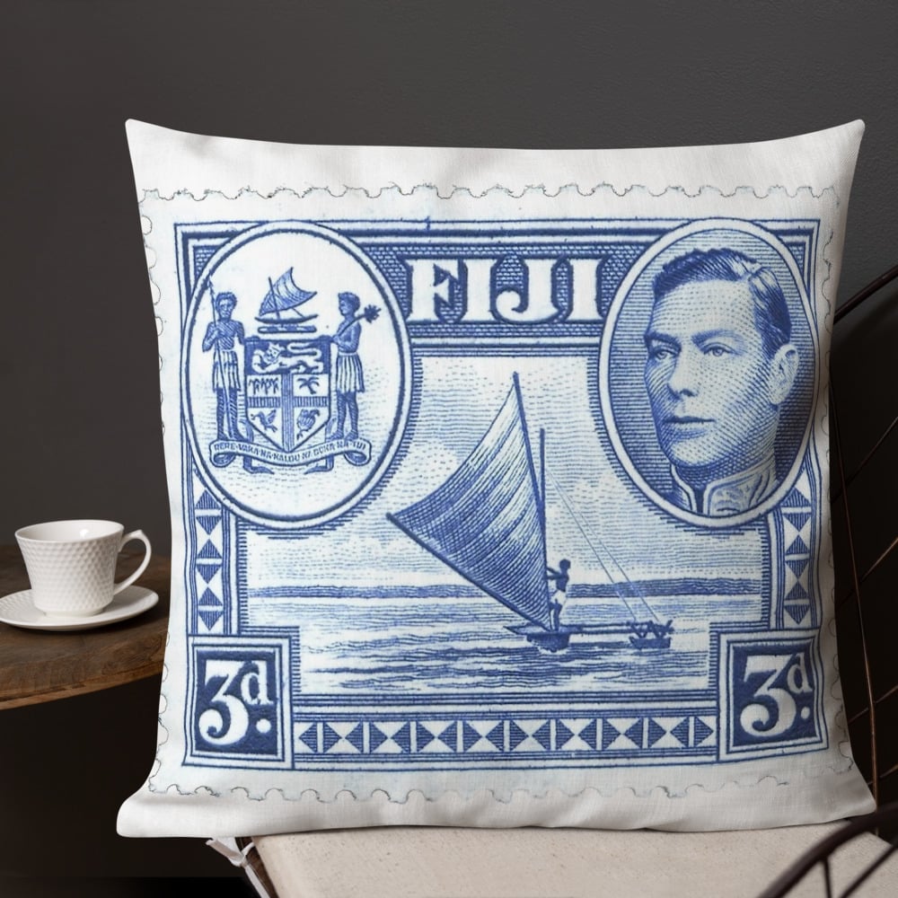 Stamp - George-vi-stamp - Fiji - Blue - Boat - Premium Cushion / Pillow