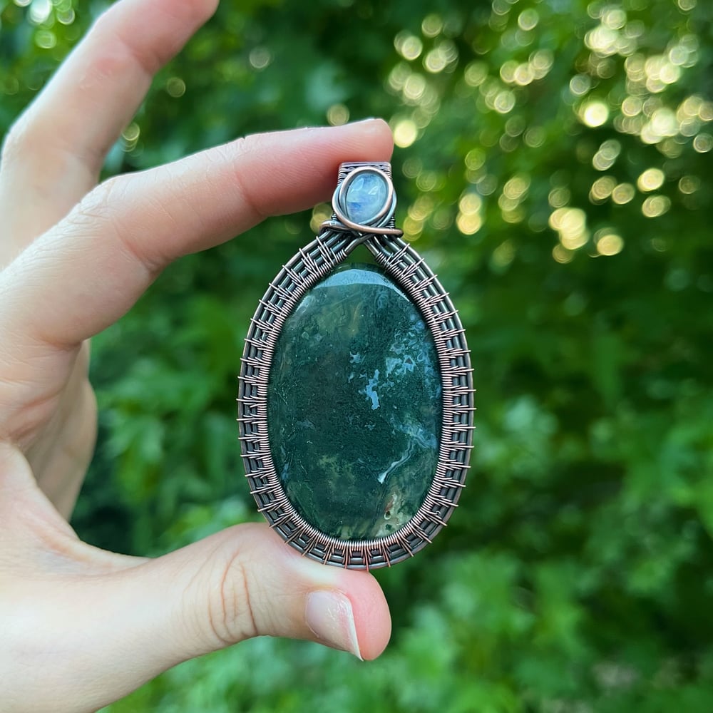 Image of moss agate x rainbow moonstone pendant