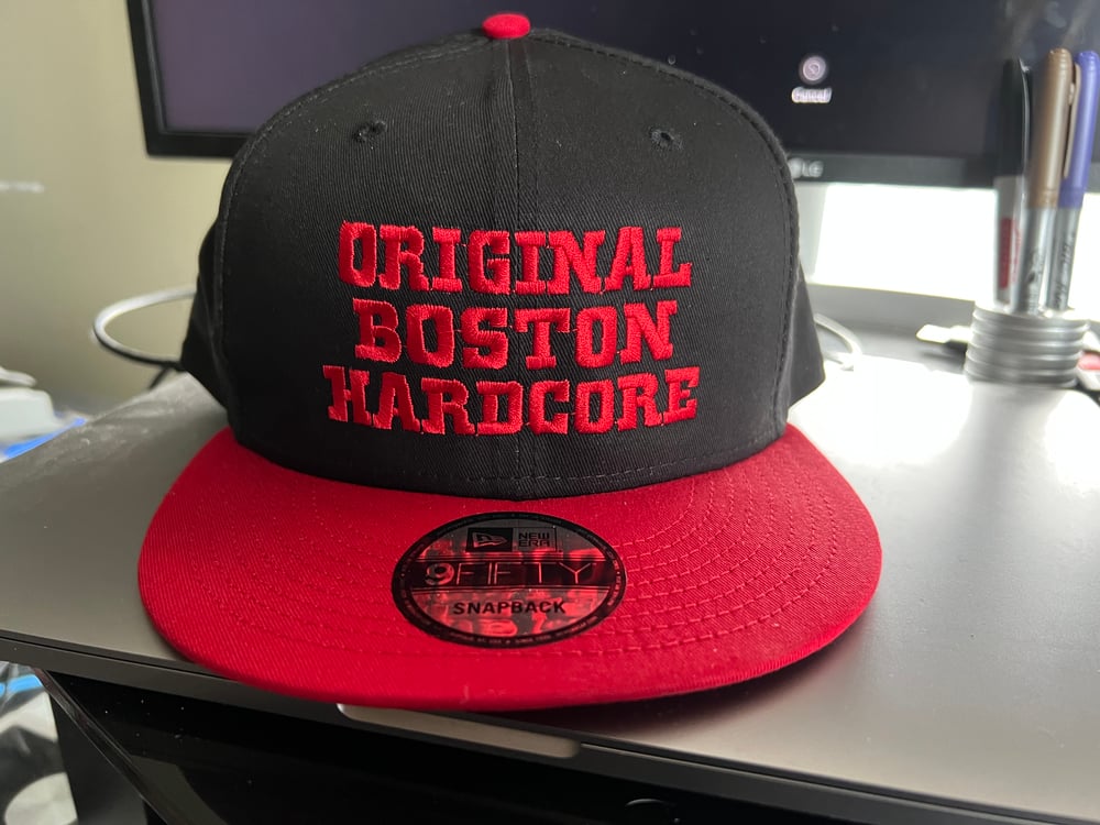 Black & Red New Era Flat Bill SnapBack “Original Boston Hardcore” Logo hat