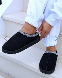 Image 1 of BLACK FAUX SUEDE EMBROIDED AZTEC DETAIL COZY FLUFFY SLIPPERS BOOTS BOOTIES