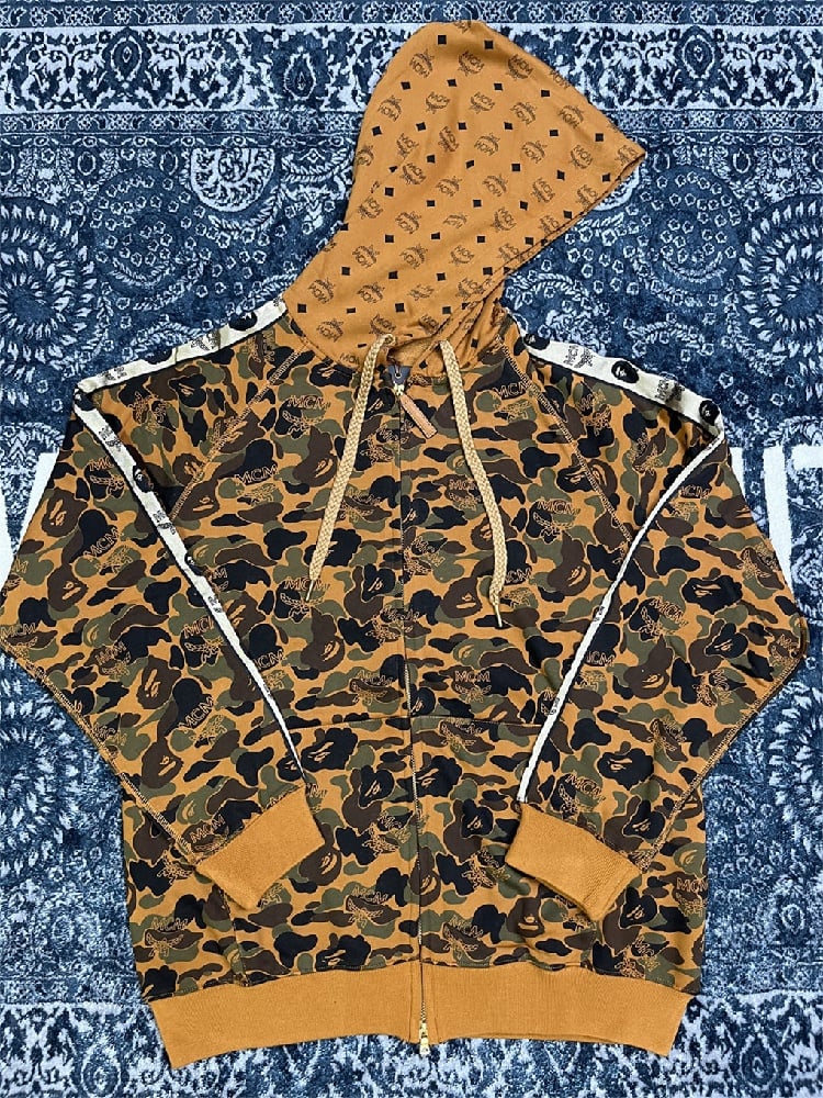 Image of BAPE x MCM Camo Zip Hoodie Brown