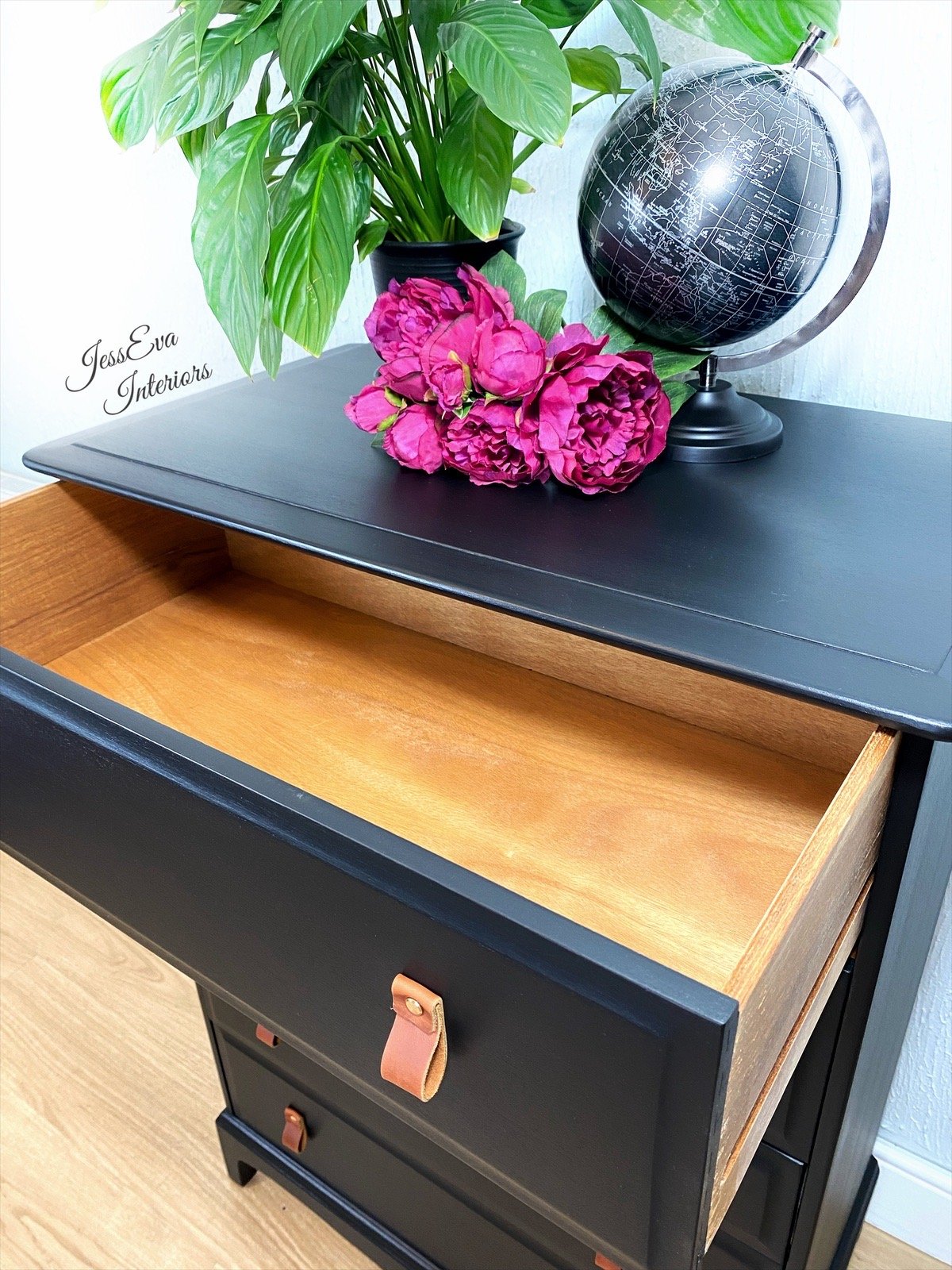 Stag Minstrel Chest Of Drawers  / Stag Tallboy painted in black with leather handles 
