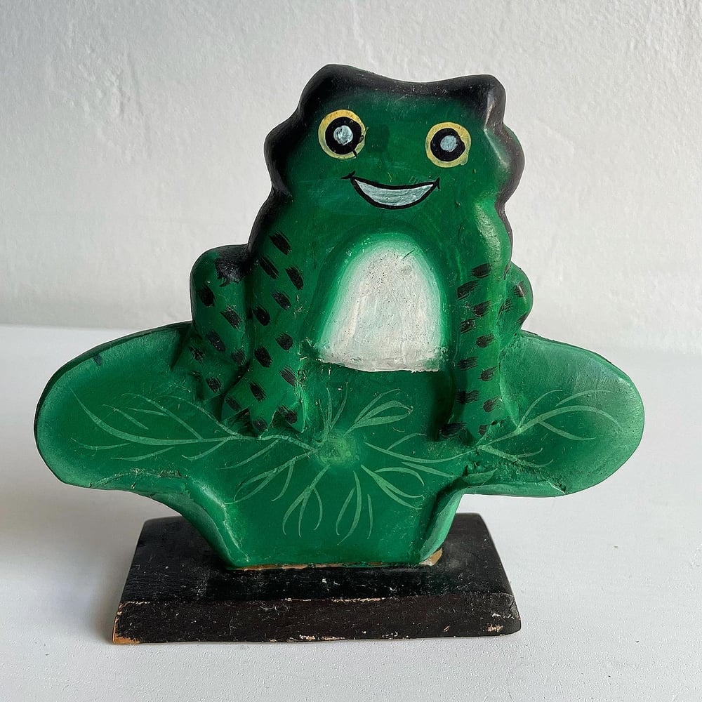 Image of Vintage 1970’s  Wooden Hand Carved Frog On A Lily Pad 