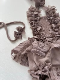 Image 4 of Taupe Lace Newborn Romper & Headband