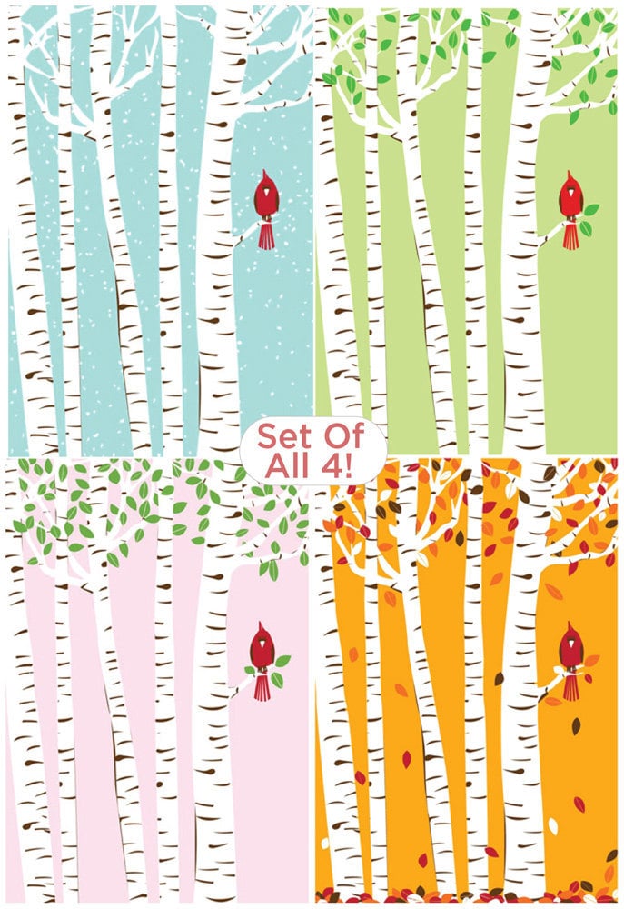 Image of Set of All 4 Seasons Cardinal & Birch Trees Silkscreen Art Prints
